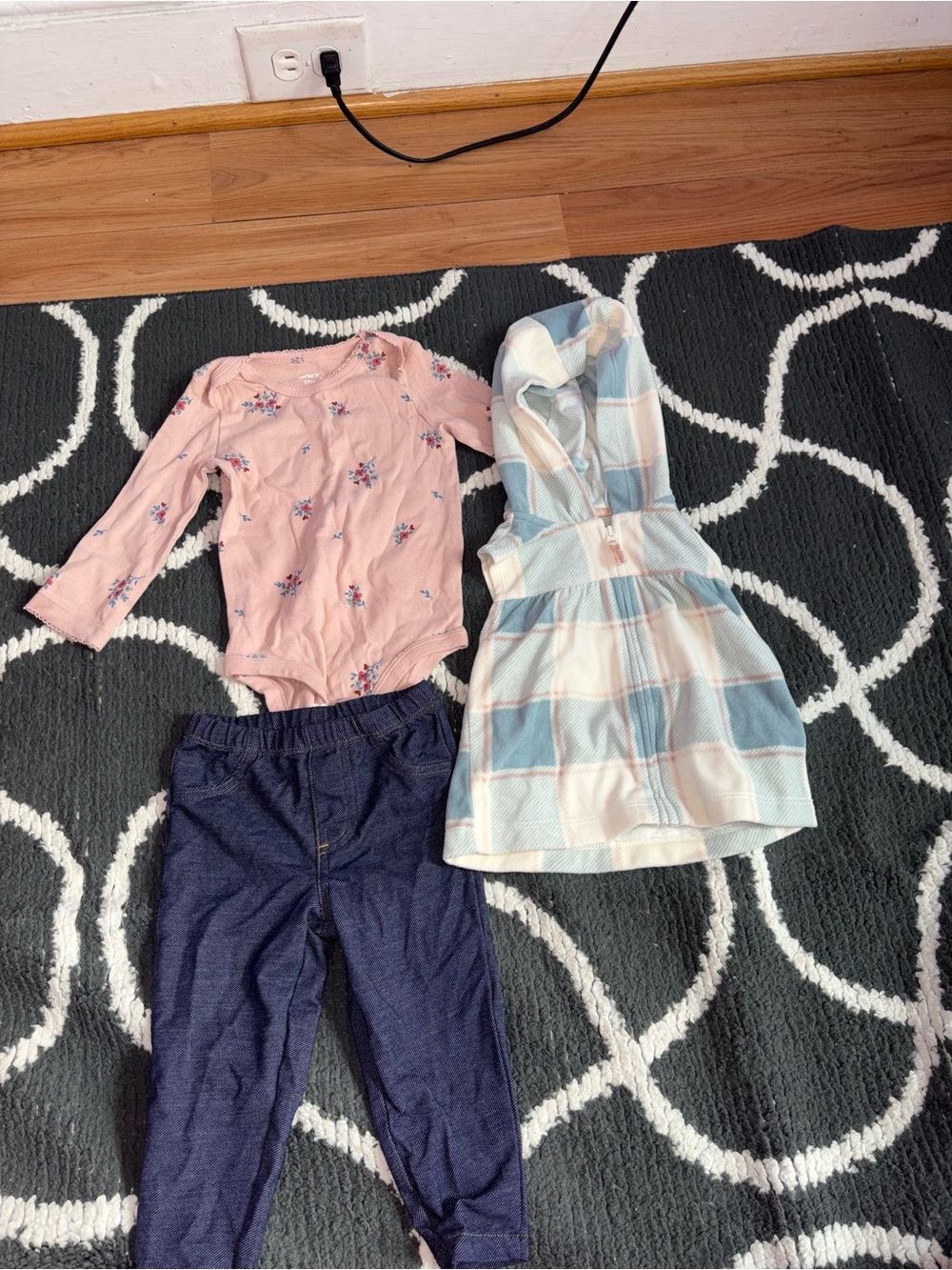 Girls 3-Piece Outfit Set - Pink Floral Bodysuit, Blue Plaid Dress, Navy Leggings - Picture 1 of 2